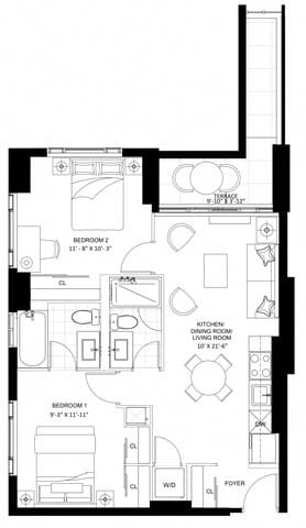 Floor plan for 2 beds, 2 baths, 702 sqft